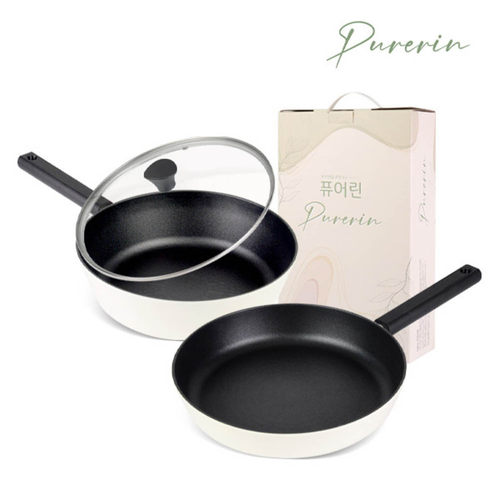 퓨어린 화이트 인덕션 (IH) 티타늄코팅 프라이팬 3종B 세트 [ 프라이팬 24cm + 궁중팬 24cm + 유리뚜껑 24cm ]
