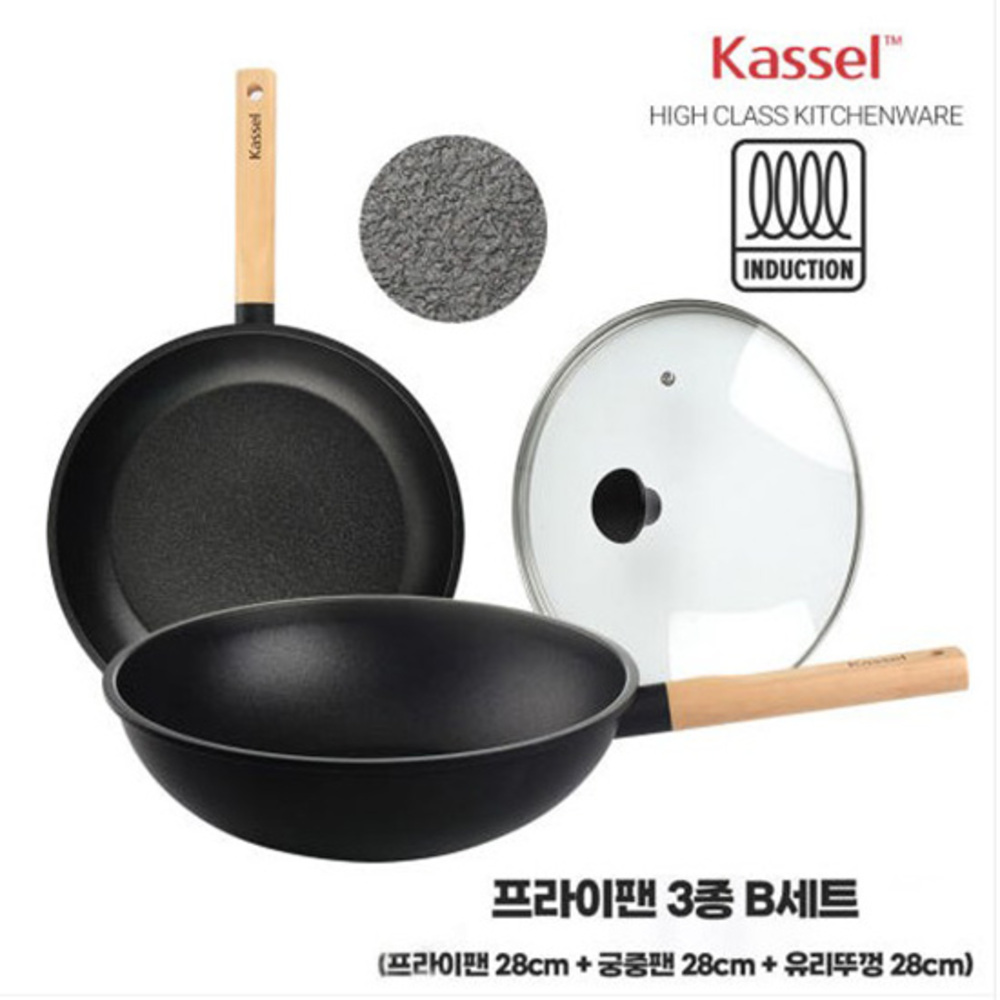 Kassel 카셀 하이브리드 인덕션 휠우드 티타늄 프라이팬 3종B세트(28후,28궁,28뚜껑)