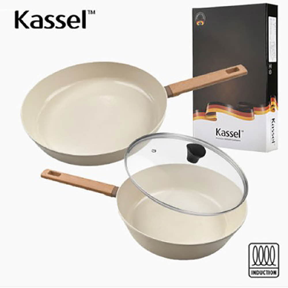 Kassel 카셀 인덕션 스톤 크림 세라믹 코팅 후라이팬 3종 C세트(28후,24궁,24뚜껑)