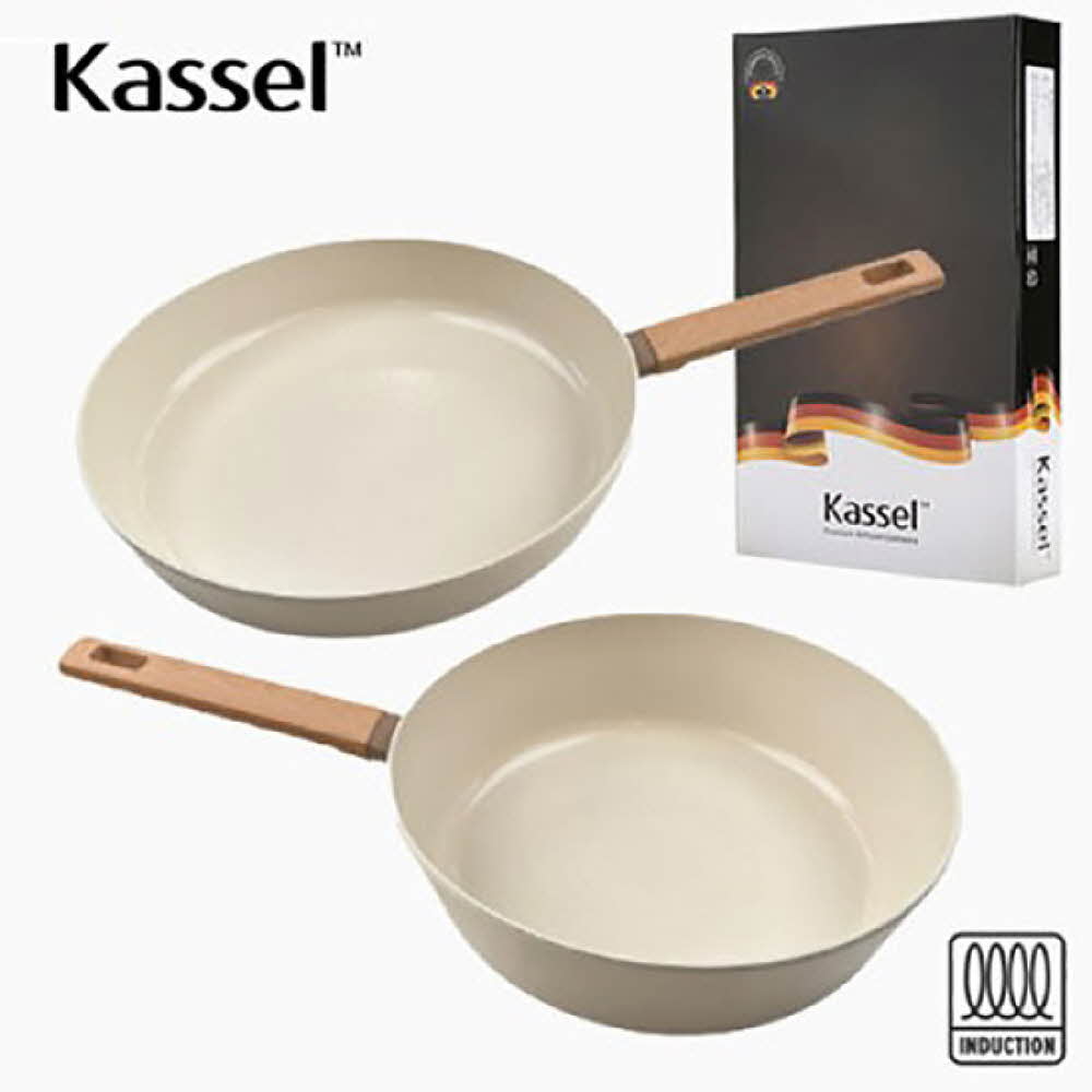 Kassel 카셀 인덕션 스톤 크림 세라믹 코팅 후라이팬 2종 A세트(28후,28궁)