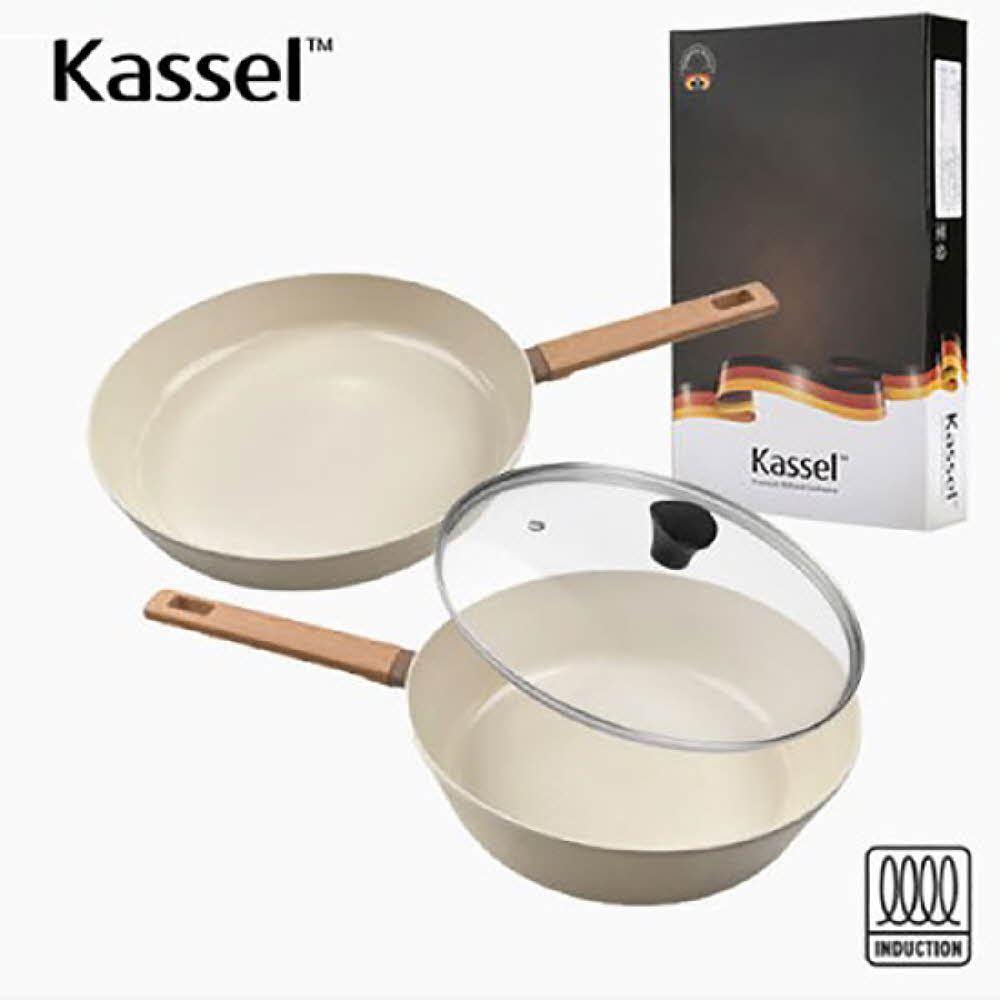 Kassel 카셀 인덕션 스톤 크림 세라믹 코팅 후라이팬 3종 B세트(24후,24궁,24뚜껑)