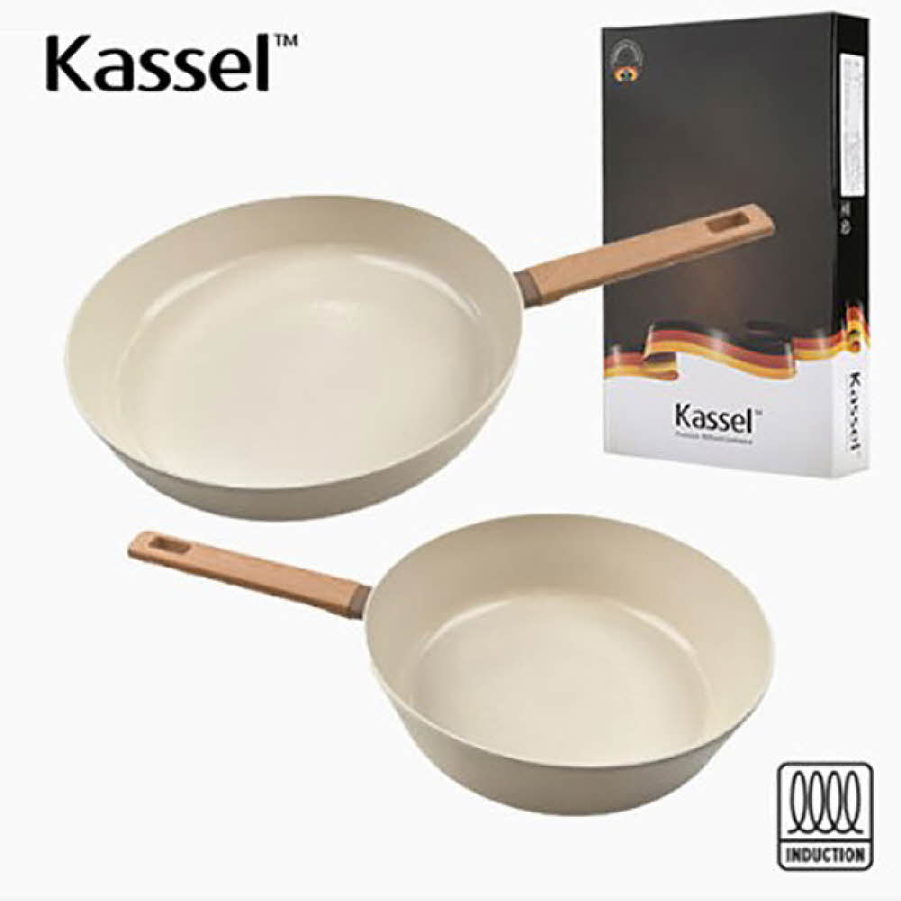 Kassel 카셀 인덕션 스톤 크림 세라믹 코팅 후라이팬 2종 C세트(28후,24궁)