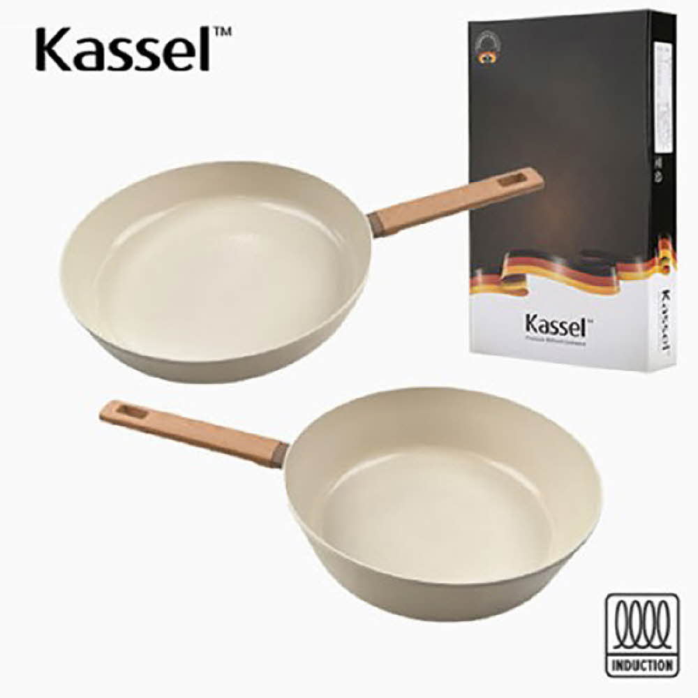 Kassel 카셀 인덕션 스톤 크림 세라믹 코팅 후라이팬 2종 B세트(24후,24궁)