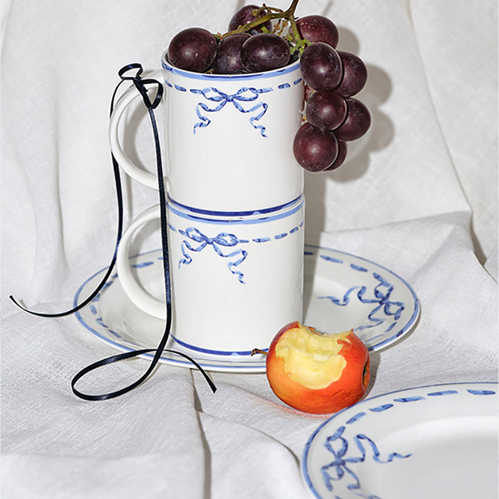 [한국도자기] 리본블루 머그/접시 2p세트 스티치