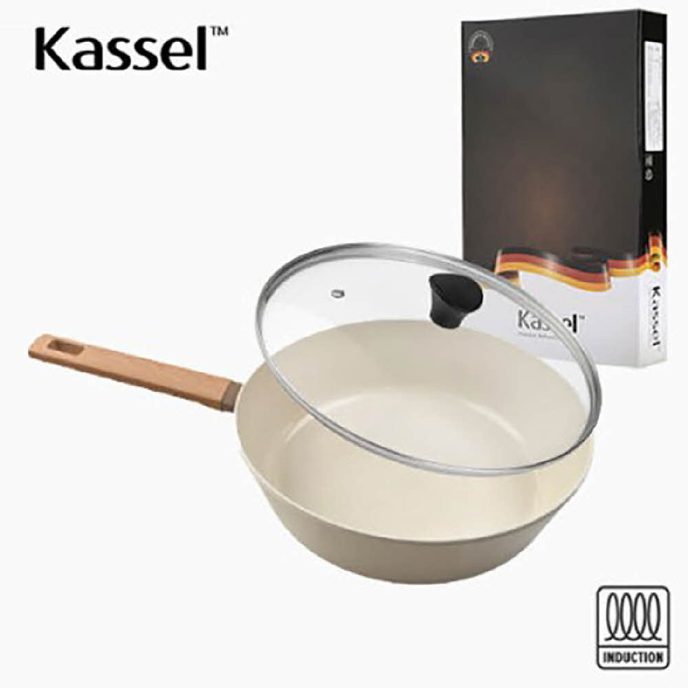 Kassel 카셀 인덕션 스톤 크림 세라믹 코팅 궁중팬 28cm + 유리뚜껑 28cm