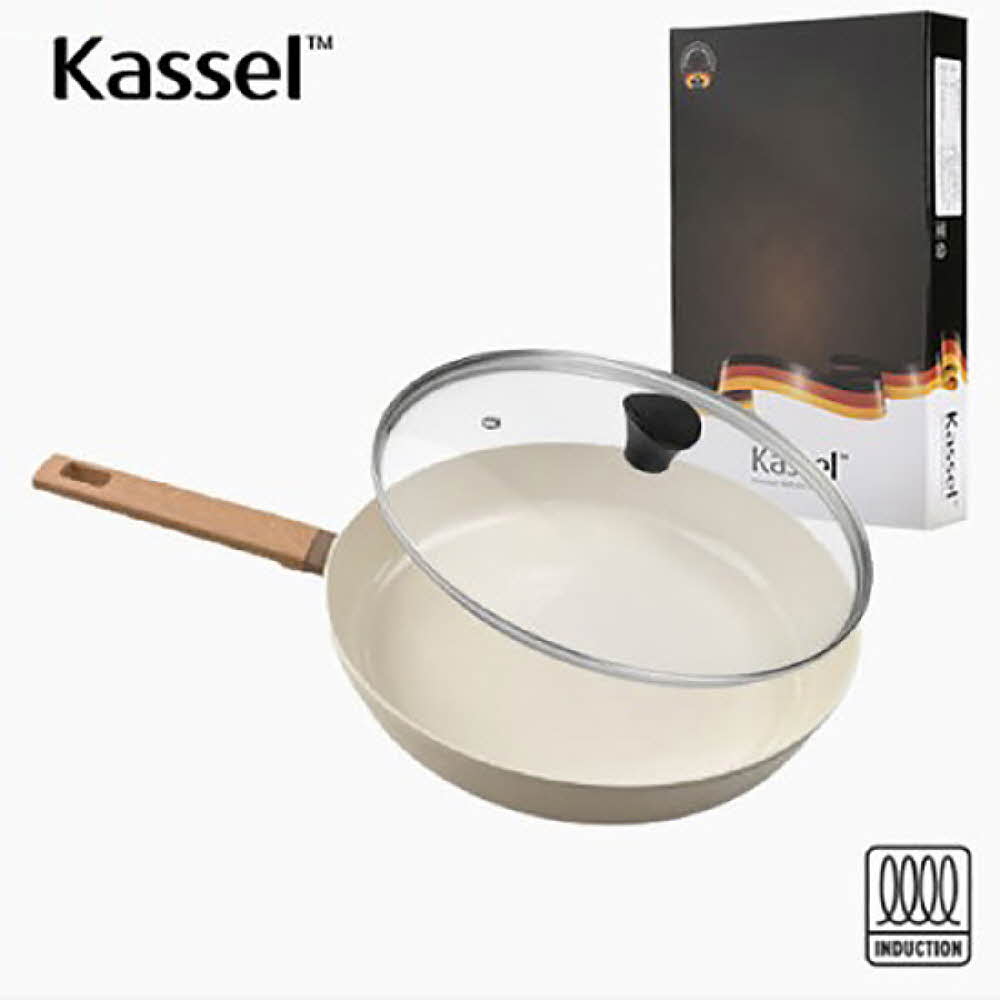 Kassel 카셀 인덕션 스톤 크림 세라믹 코팅 후라이팬 28cm + 유리뚜껑 28cm