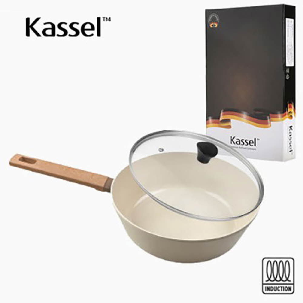 Kassel 카셀 인덕션 스톤 크림 세라믹 코팅 궁중팬 24cm + 유리뚜껑 24cm