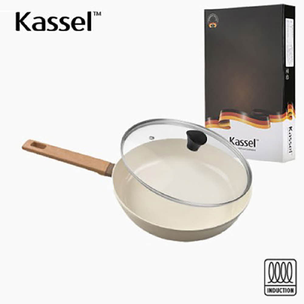 Kassel 카셀 인덕션 스톤 크림 세라믹 코팅 후라이팬 24cm + 유리뚜껑 24cm