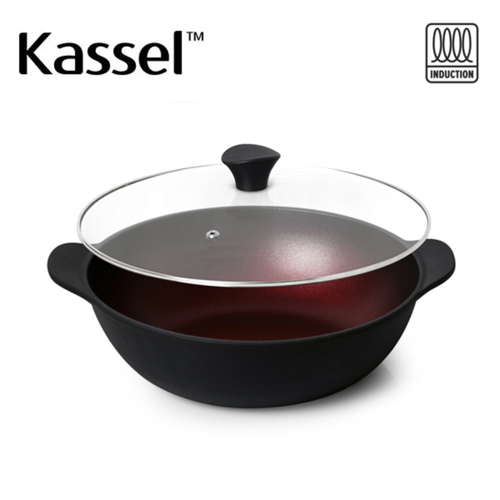 [Kassel] 카셀 버건디 티타늄 (IH)인덕션 만능 전골냄비팬 28cm + 유리뚜껑 28cm