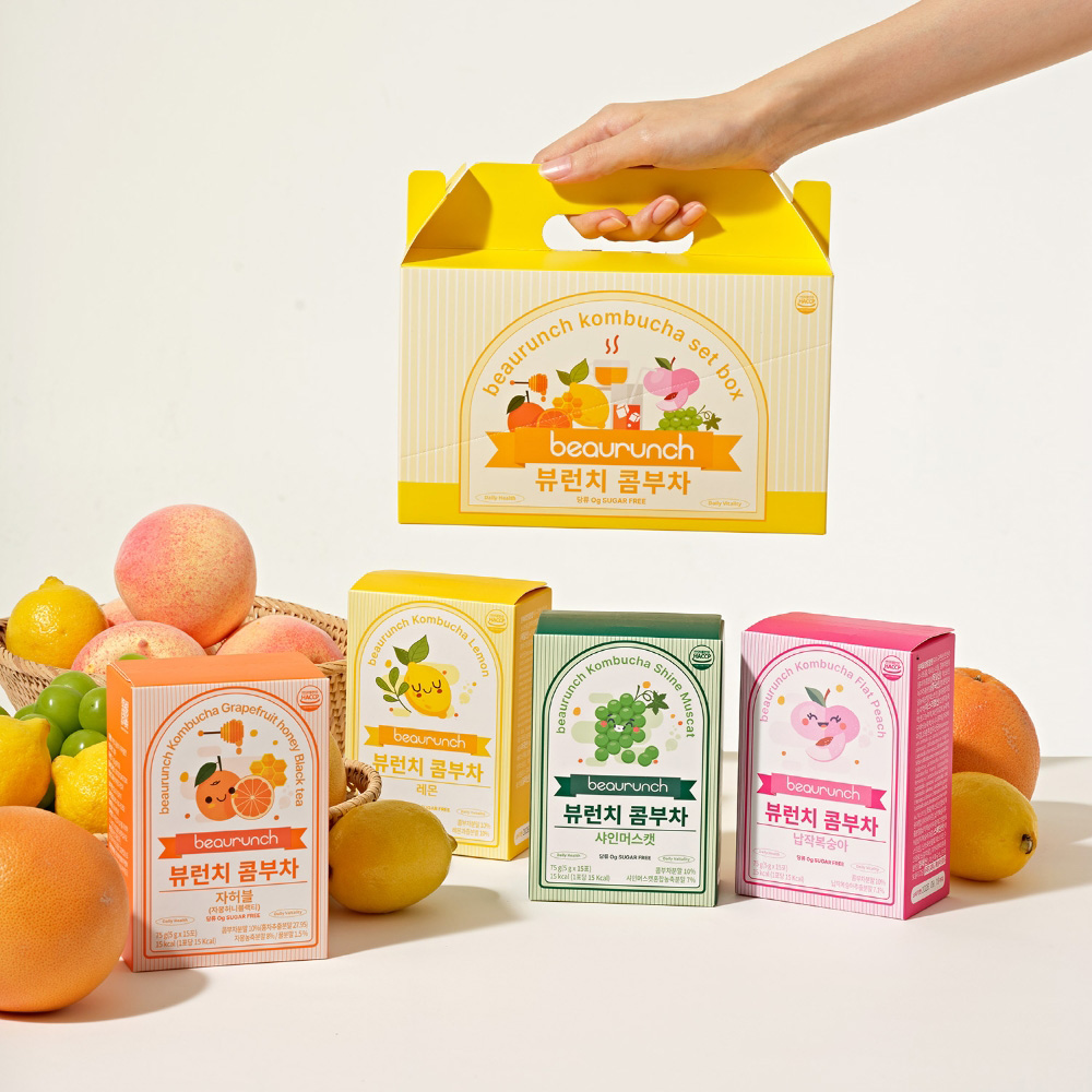[자연발효 탄산 19종 유산균] 뷰런치 15kcal 제로슈가 콤부차 선물세트(4가지 맛)
