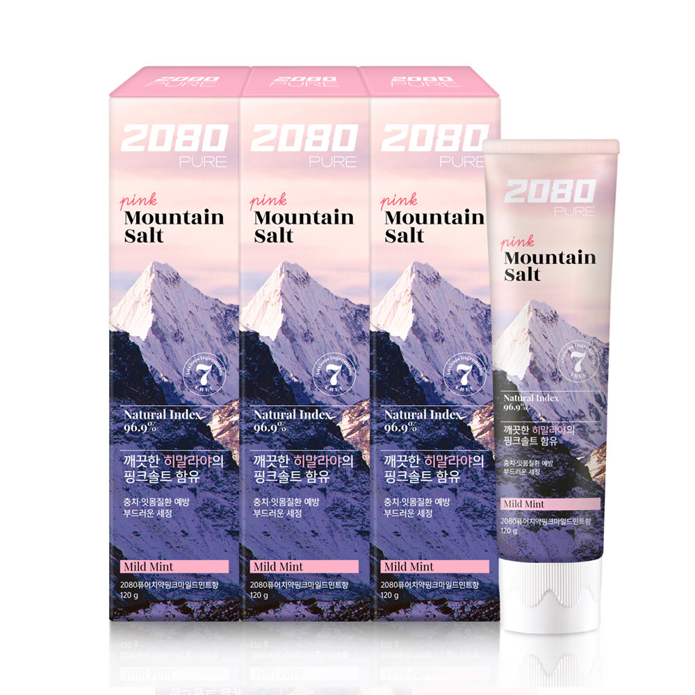 [애경] 2080 퓨어 마운틴 솔트 치약 핑크민트향 120g x 3개  잇몸 불소 미백 구취 치석 입냄새제거