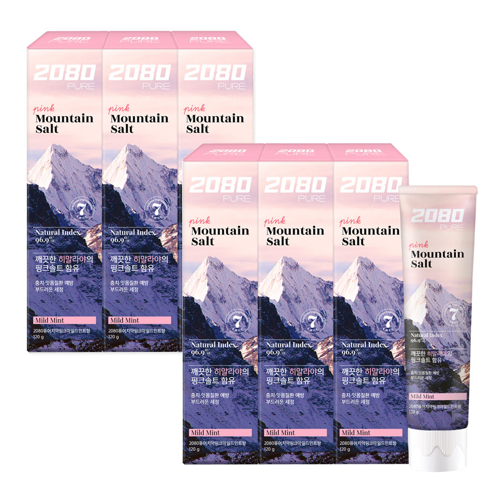 [애경] 2080 퓨어 마운틴 솔트 치약 핑크민트향 120g x 6개  잇몸 불소 미백 구취 치석 입냄새제거